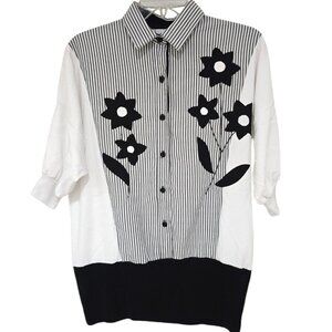 Cortiva Women's Vintage White Black Short Sleeve Top 80's Size Medium